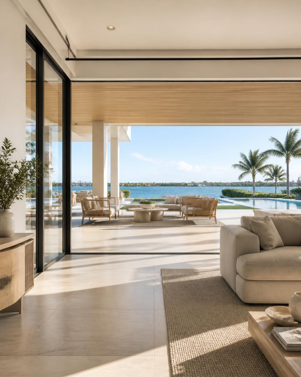 Contemporary South Florida residence with a waterfront terrace and palm trees